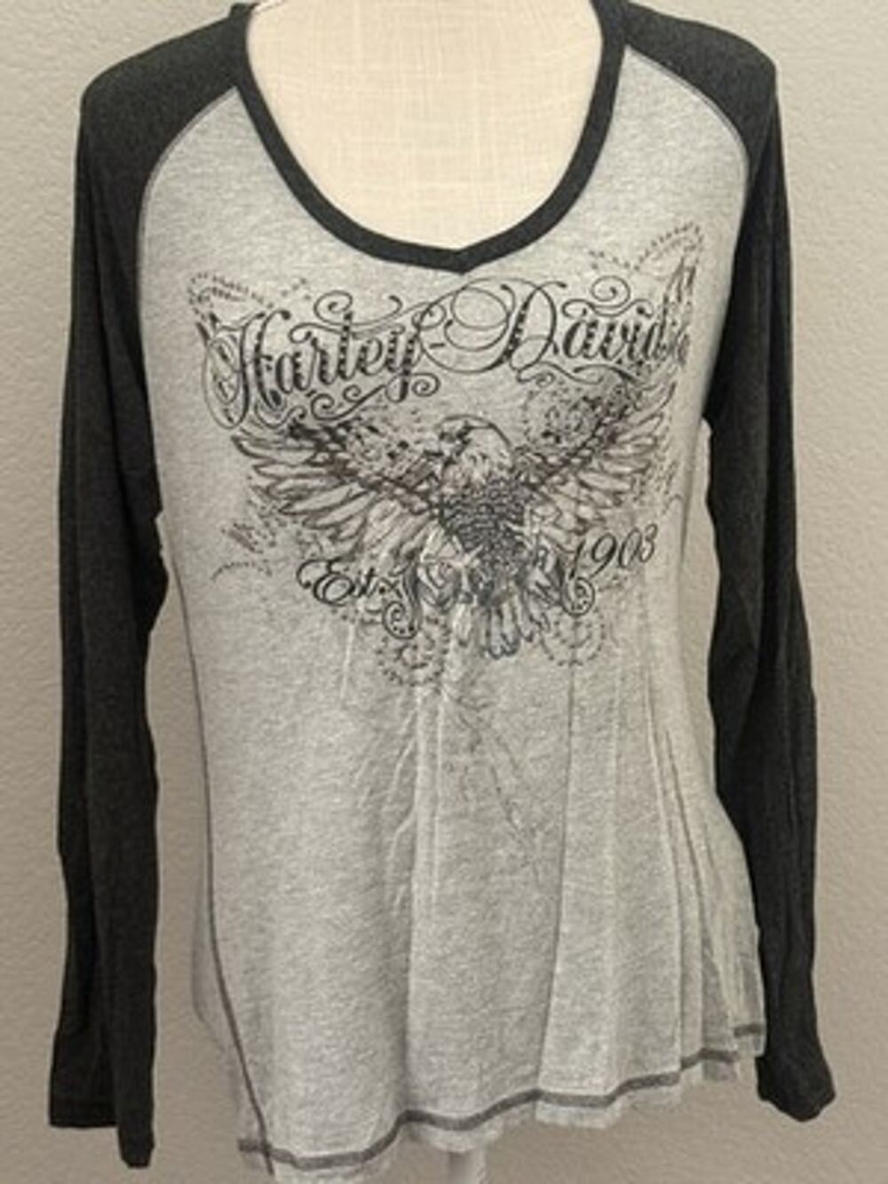 Harley-Davidson Women’s Gray Black Raglan Long Sleeve Graphic Tee Eagle 1903 - L